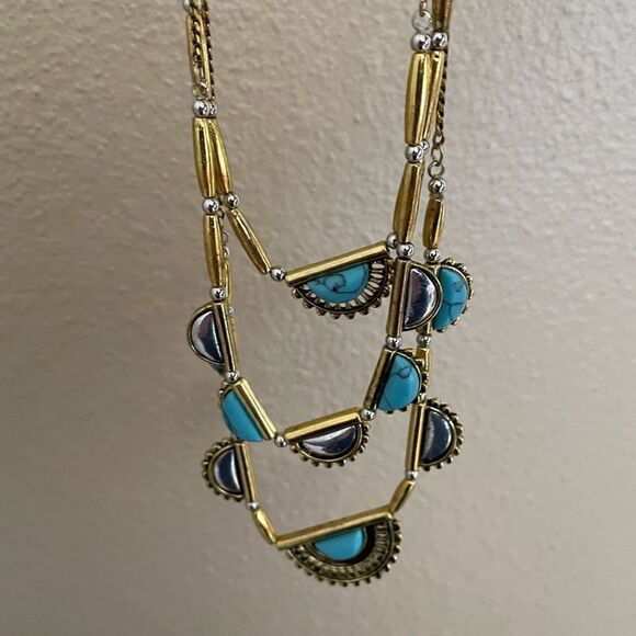 Gold Tone Turquoise Three Tiered Necklace - Picture 9 of 13